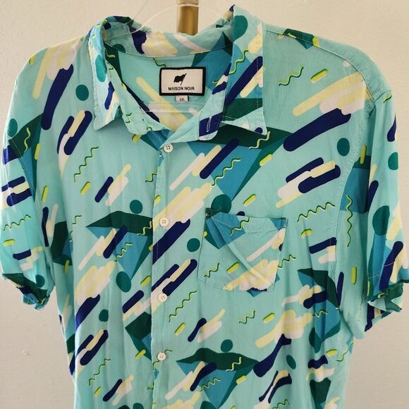 Maison Noir Short Sleeve Button Front Shirt Mens Size XXL 90s Geometric Print - Picture 2 of 6